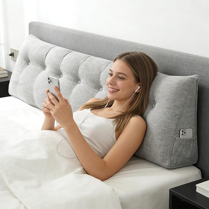Подушка трикутна для спини OHMG 200x50x20 см світло-сіра з кишенею, для ліжка та дивана, знімний чохол