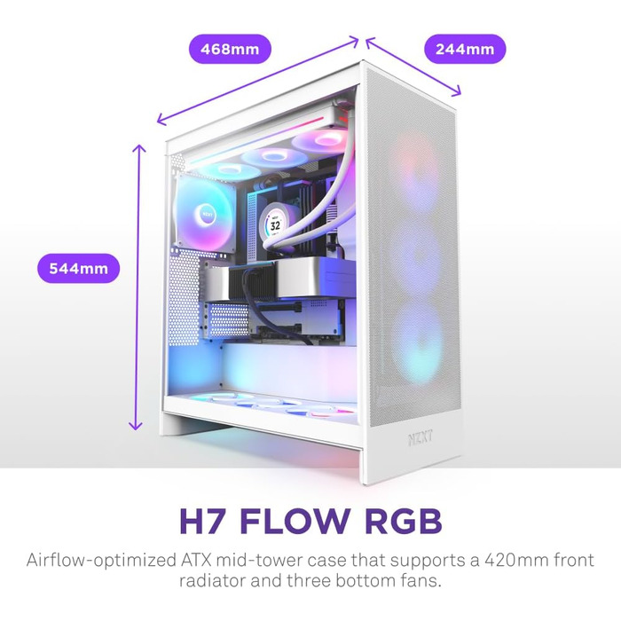 Корпус NZXT H7 Flow RGB білого кольору, Mid-Tower ATX з ефективною вентиляцією, комплектується RGB-вентиляторами, підтримка підлогових вентиляторів для прямого охолодження GPU, сумісний з 360 мм вентиляторами у єдиній рамі