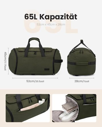Спортивна сумка LOVEVOOK для чоловіків з відділенням для взуття, 65L, 52x45x28 см, Duffel Bag, для подорожей та спортзалу (темно-зелена)