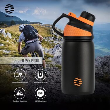 Спортивна термопляшка Fjbottle з нержавіючої сталі з магнітною кришкою, герметична та без BPA, для води та газованих напоїв, чорна, 400 мл
