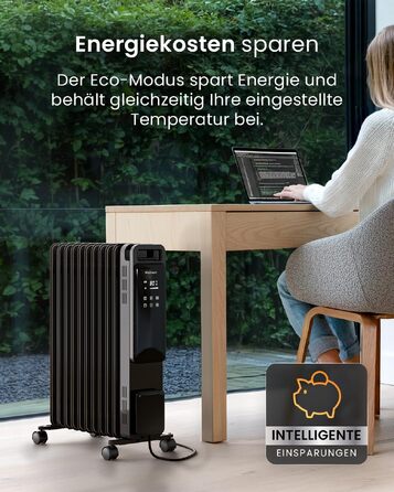 Електричний масляний радіатор Pro Breeze 2500Вт, 11 секцій, смарт-обігрів з термостатом, таймером на 24г та сенсорним дисплеєм, чорний