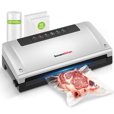 Вакууматор Bonsenkitchen для продуктів, потужний вакуумний пакувальник з 5 режимами, 8 л/хв, технологія Globefish, чорний (комплект: 5 пакетів та 1 рулон)
