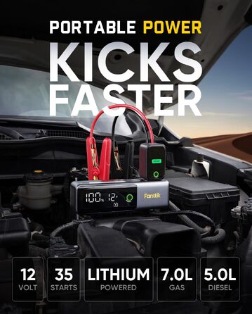 Бустер-старт-пауербанк Fanttik Potent T10 1800A 12000mAh, пусковий пристрій для авто 12V (бензин до 7.0L, дизель до 5.0L) з вбудованим кабелем