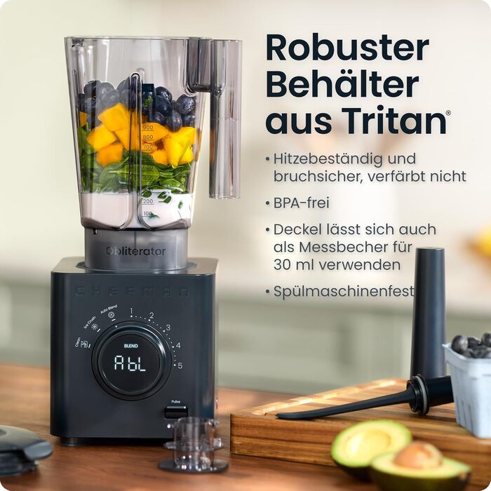 Блендер стаціонарний Chefman Obliterator 1.2л, 1380W, для смузі, льоду, горіхів, з нержавіючою сталлю, функція Auto Blend, пляшка 600мл - Midnight