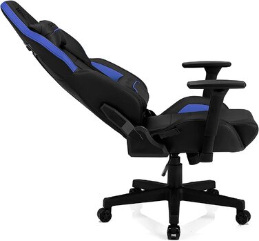 Ігрове крісло SENSE7 Sentinel, ергономічний геймерський стілець з регульованою поперековою підтримкою, нахилом спинки, механізмом гойдання, PU-шкіра, до 150 кг, чорний-синій