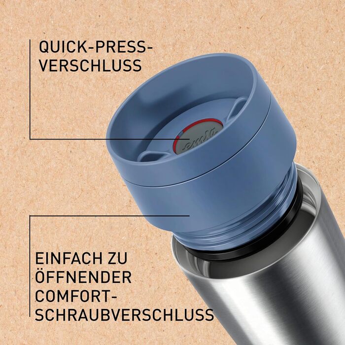 Термокружка Emsa N20210 Travel Mug Classic Isolierbecher, 0.36 л, нержавіюча сталь, 4 год гаряче, 8 год холодне, герметична, для миття в посудомийній машині, 360° клапан, синій