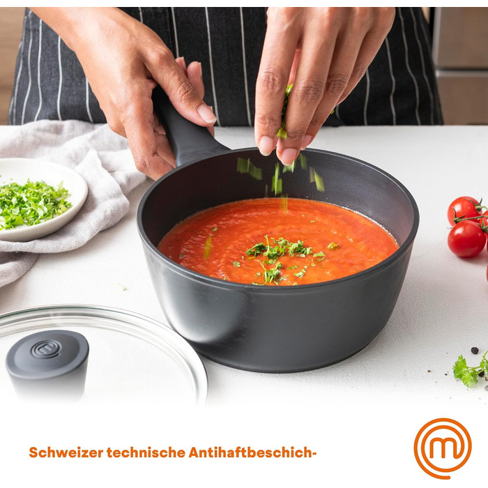 Каструля MasterChef з антипригарним покриттям та скляною кришкою, 20 см, алюмінієва, індукційна, універсальна для всіх типів плит, чорна, для супу та макаронів, колекція Aluminum Essentials