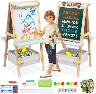 Дитяча мольберт Kinder Tafel з регулюванням висоти, двосторонній, з паперовою рулонною дошкою, літерами та цифрами, аксесуарами для дітей 2-8 років