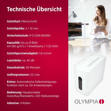Шредер для паперу та кредитних карток Olympia MC 2508 S, знищення 10 аркушів, кошик 10 л, рівень секретності P4 (частки), білий