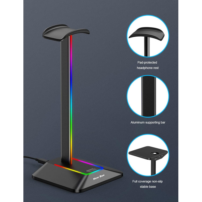 Підставка для навушників New Bee з RGB підсвіткою, USB Type-C зарядкою та передачею даних, універсальний тримач для геймерських навушників, чорний