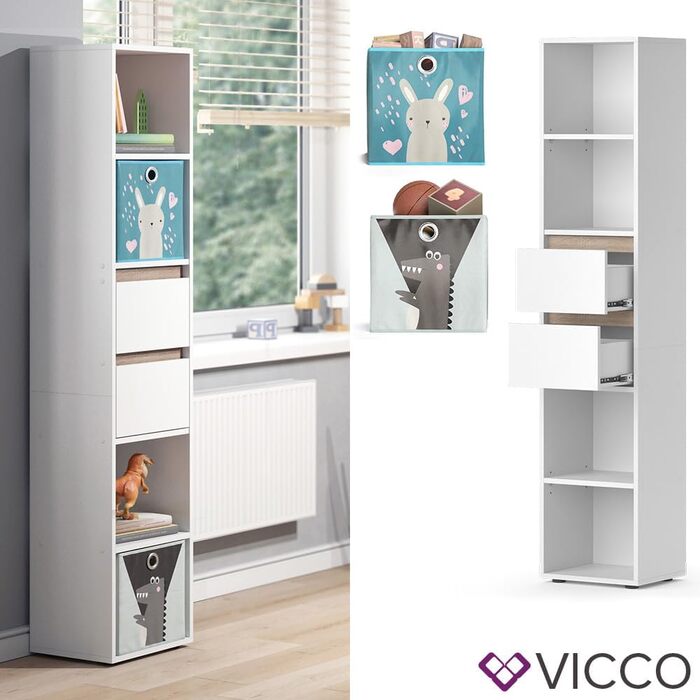 Дитячий стелаж Vicco Robert білий/сонома 36,2x171 см з кольоровими та сірими коробами для зберігання