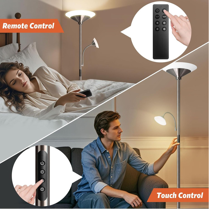 Торшер BBHome LED 33Вт, диммований, з нічником 6Вт, 3000K-6500K, з пультом і сенсорним керуванням, для вітальні, спальні, офісу, чорний