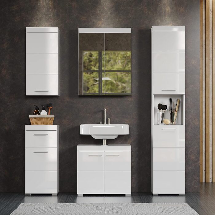 Комод для ванної Trendteam Amanda, білий глянцевий, 37x79x31 см, з 1 дверцятами і 1 шухлядою, універсальний, сріблясті ручки