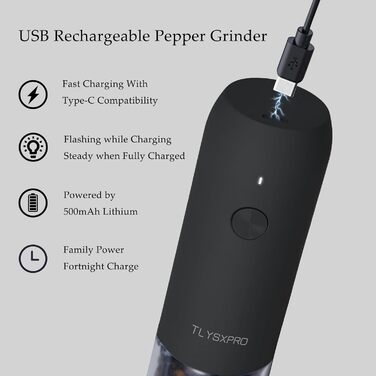 Електричні мельниці для солі та перцю TLYSXPRO 2 шт. USB, регулювання помелу, LED-підсвічування, чорний та білий