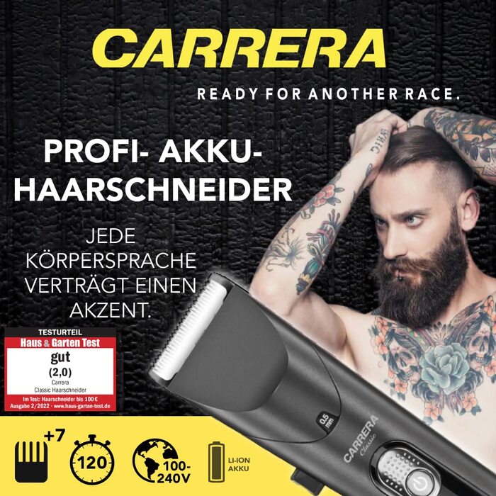 Професійна машинка для стрижки волосся CARRERA з керамічним лезом, довгим часом роботи акумулятора (2 години), водозахисним корпусом та комплектом насадок – тример і стайлер для чоловіків