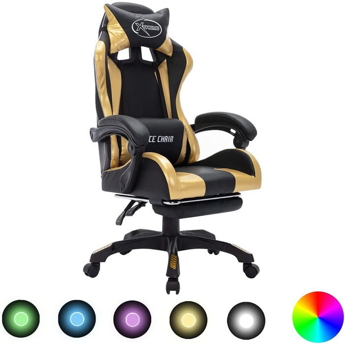 Ігрове крісло vidaXL з RGB LED, підставкою для ніг, регулюванням висоти, шкірозамінник, золоте-чорне
