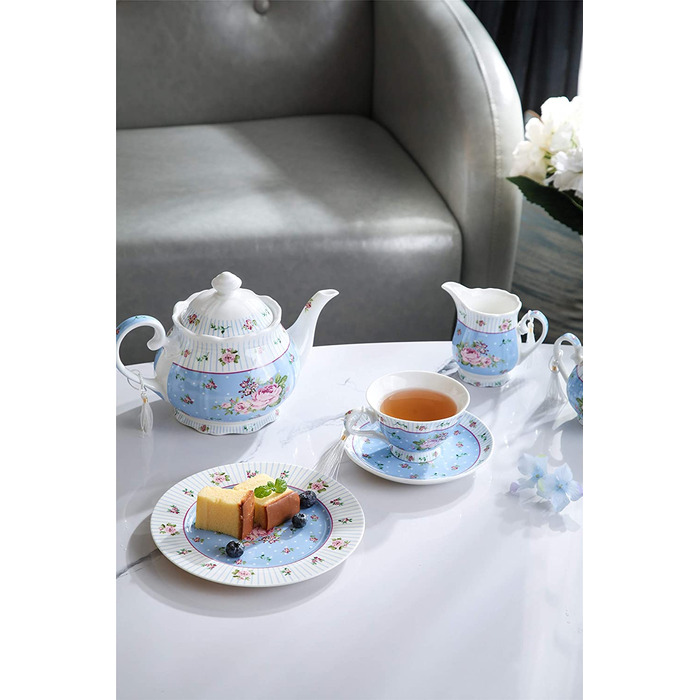 Чашка та блюдце з порцеляни Shabby Chic Vintage, з птахом, метеликом і квітами, подарункова коробка (рожево-блакитна)