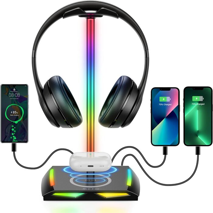 Підставка для навушників New bee RGB з бездротовою зарядкою, геймерська стійка для гарнітури з USB, 2 Type-C, 11 режимів підсвітки, чорна (Z12)