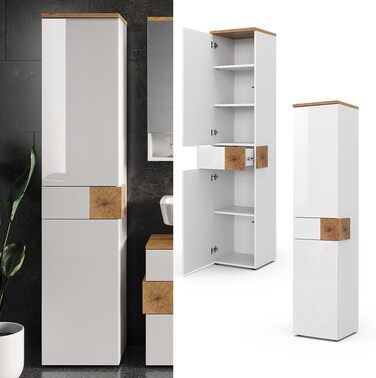 Високий шафа для ванної Vicco Eden, білий глянець/дуб Артизан, 40x184,2 см, 2 двері, шухляда