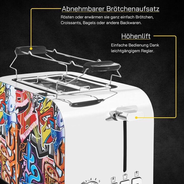 Тостер Gutfels TOAST 3010 G на 2 скибки з підставкою для булочок, 7 режимів, 850 Вт, функції розморожування, підігріву і зупинки, стильний дизайн Graffiti
