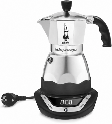 Електрична кавоварка Bialetti Moka з таймером, 6 чашок, 365 Вт, сріблясто-чорна