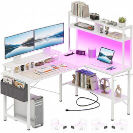 Ігровий стіл Homieasy L-подібний (124x90 см) з LED-підсвіткою, розетками, полицею та підставкою для монітора, вінтажний коричневий/білий