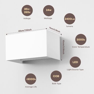 Набір настінних LED-світильників vatato 24W (2 шт), тепле біле світло 3000K, вологозахищені IP65, алюмінієві лампи для вулиці та інтер'єру з регульованим кутом нахилу, білі