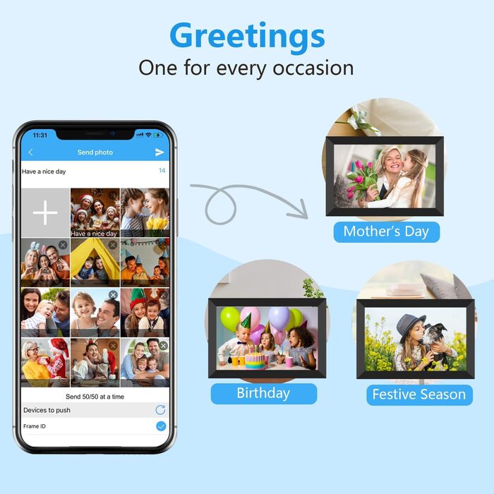 Цифровий фоторамка FRAMEO з Wi-Fi, 32GB, 10.1 дюймів, IPS LCD, сенсорний екран, Smart Cloud, автоматичне обертання. Діліться моментами через додаток Frameo