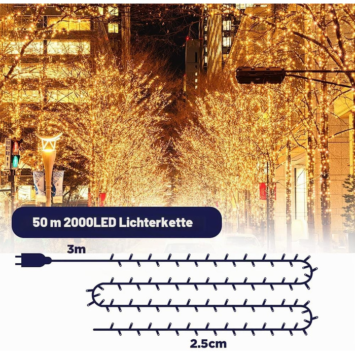 Світлодіодна гірлянда вулична 50м, 2000 LED ламп, теплий білий колір, 8 режимів роботи з функцією пам'яті