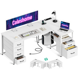 Кутовий письмовий стіл Coleshome з шухлядами, 140x80 см, білий. Комп'ютерний стіл з USB-зарядкою та розеткою для дому/офісу