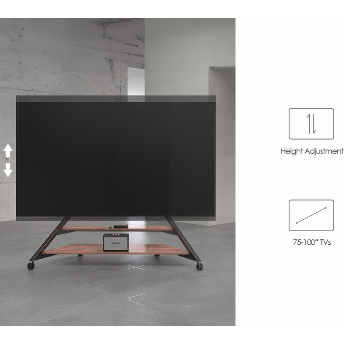 Мобільна TV стійка FITUEYES Design для телевізорів 75-100 дюймів, до 85 кг, регульована висота (14 положень), з полицею та кабель-менеджментом