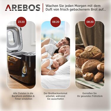 Хлібопечка Arebos 1500г | 15 програм | Таймер | LCD дисплей | 850 Вт | Чорний
