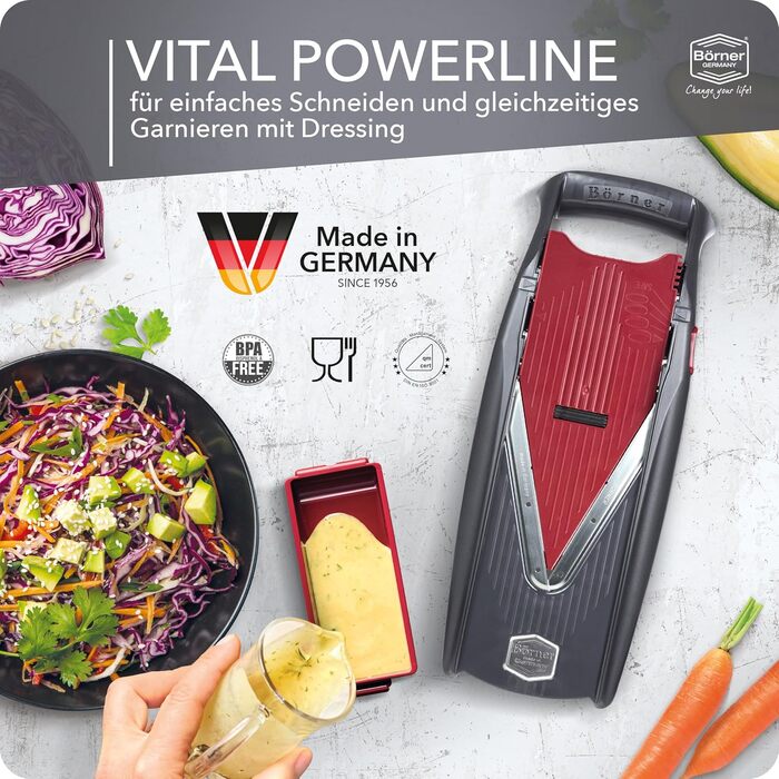 Овочерізка Börner Vital (базовий набір) • Овочерізка Vital з V-подібним лезом • Мандоліна з функцією заправки • V-подібна різачка для овочів та фруктів • Овочерізка для нарізки скибочками різної товщини