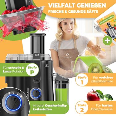 KESSER® Електрична центрифужна соковитискачка для фруктів та овочів з нержавіючої сталі, 1100W, велика завантажувальна воронка, 3 швидкості, сірий/сріблястий (чорний)