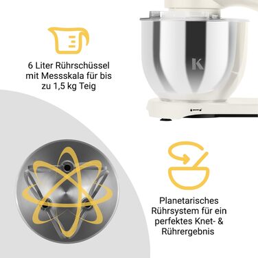 Планетарний міксер KLAMER 1800W для тіста з чашею 6л з нержавіючої сталі, 10 швидкостей, таймером та набором насадок (гак, вінчик, міксер), колір Premium Creme