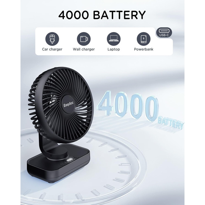 EasyAcc Настільний вентилятор з акумулятором, USB, автоматичне обертання, 4 швидкості, портативний для офісу, дому, бібліотеки, кемпінгу - Чорний