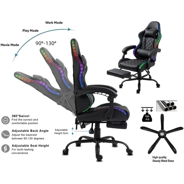 Ігрове крісло Delman Gaming з RGB LED підсвіткою, підставкою для ніг та металевою основою, чорне (02-0055)