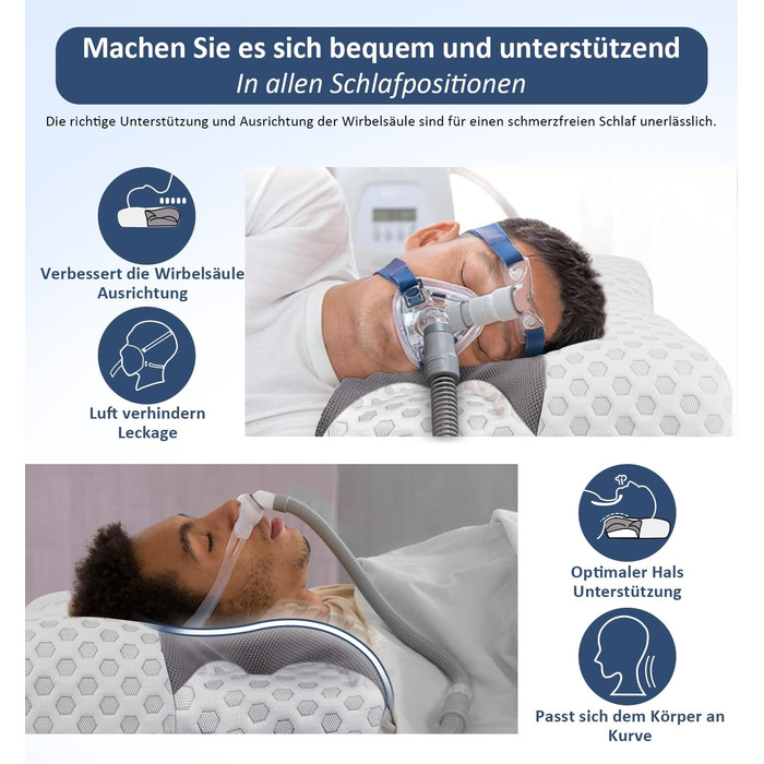 Подушка Hydomi CPAP з ефектом пам'яті для бокового сну, зменшує тиск і витоки повітря маски, ортопедична для апное сну, підтримка шиї для спини, бокового та шлункового сну, розмір King (64x38x10,5 см)