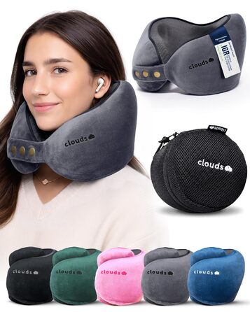 Подорожня подушка для шиї CLOUDS з ефектом пам'яті (Memory Foam) для літака та авто, регульована, дихаюча тканина, сіра, розмір L/XL