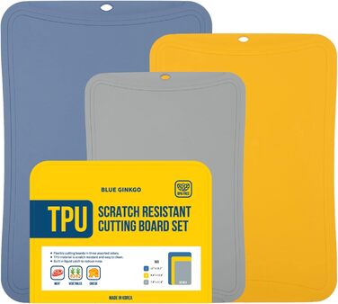 Гнучкі обробні дошки BLUE GINKGO з TPU, набір 3 шт. (сині, жовті, сірі), стійкі до подряпин, тонкі кухонні дошки, вироблено у Кореї