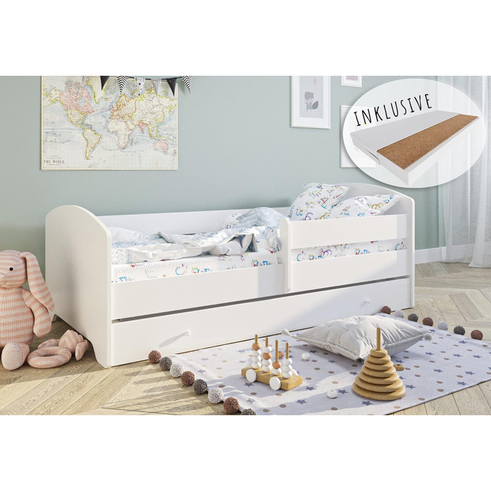 Дитяче ліжко Kids Collective 140x70 см з матрацом, висувним ящиком, бортиком та ламелями, біле
