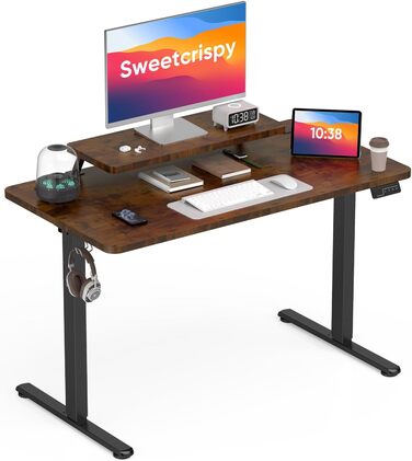Регульований стіл Sweetcrispy з підставкою для монітора, 120 x 60 см. Електричний, ергономічний стіл для стоячи/сидячи, комп'ютерний стіл, вінтажний коричневий, 120 x 60 см