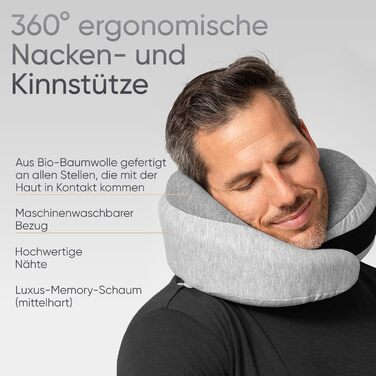 Подорожня подушка для шиї Proglobe Luxe з ефектом пам'яті (Memory Foam), з підтримкою підборіддя та компресійним чохлом, світло-сіра