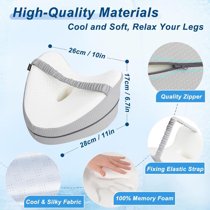 Подушка для сну на боці з піни Memory Foam, ергономічна, з охолоджуючим чохлом, сіра в горошок з ремінцем