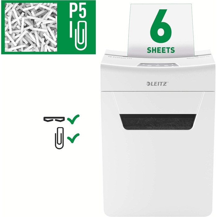 Leitz IQ 10X Premium Protect: Шредер для документів, 6 листів, білий, 18л, для офісу та дому, сертифікований TÜV+GS