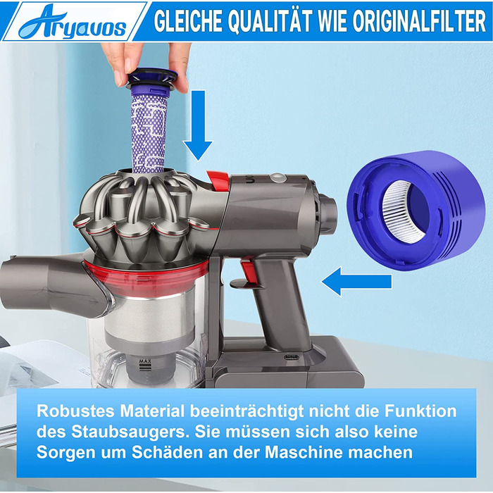 Фільтр Aryavos V8 для пилососа Dyson V8/V7, набір 2 HEPA постфільтри та 4 попередні фільтри, сумісний з Animal Absolute/Motorhead, з щіткою для чищення, заміна DY-96566101/DY-96747801