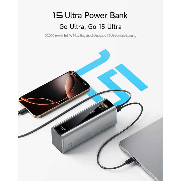 Power Bank CUKTECH 15 Ultra 20000mAh 165W з 3 портами, PD 3.1, цифровим дисплеєм. Сумісний з iPhone, MacBook, Samsung