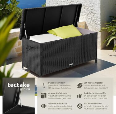 Ящик для зберігання вуличний Tectake Poly Rattan 270л, чорний - водонепроникний, з замком, колісний, для саду, тераси, меблів