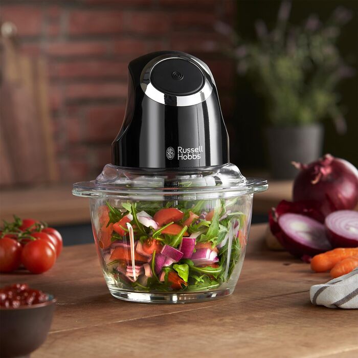Подрібнювач Russell Hobbs Desire Mini для овочів та цибулі, 500 мл, скляна чаша, матовий чорний, 200 Вт, 24662