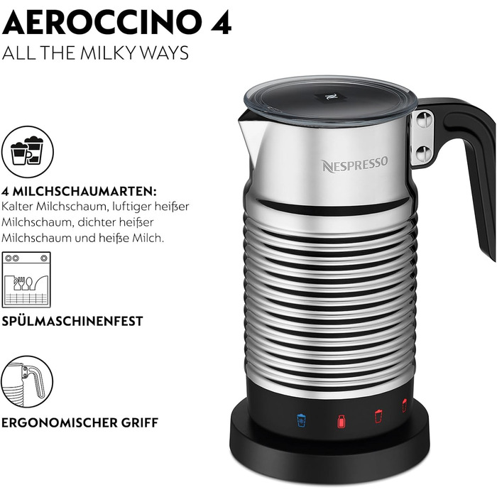 Електричний спінювач молока Nespresso Aeroccino 4, 120 мл кремової пінки, 240 мл гарячого молока, підходить для посудомийної машини, сріблястий